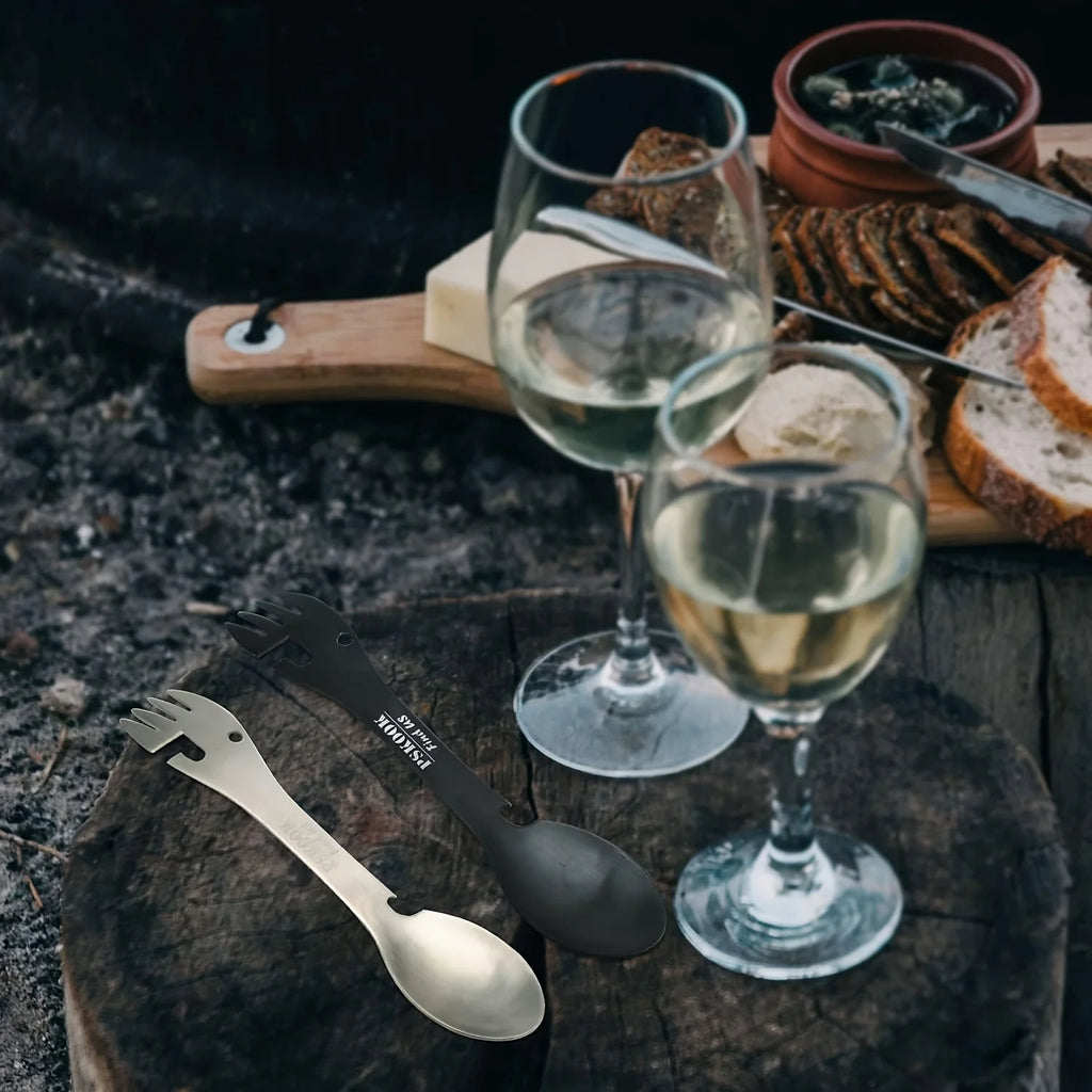 2 Piece Stainless Steel 5 in 1 Camping Spork Set with Bottle and Can Opener Outdoor Tableware