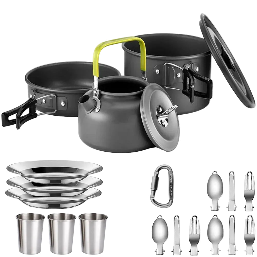 330ml Green Camping Cookware Set with Pot Pan Cups and Folding Tableware for Outdoor Cooking and Hiking