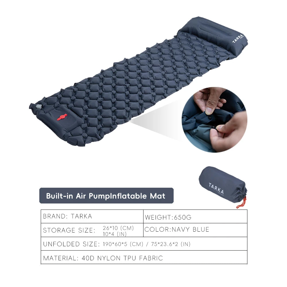 Inflatable Navy Blue Camping Mat with Built In Air Pump Pillow for Hiking Trekking Travel and Outdoor Use