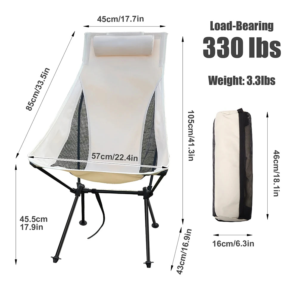 Portable Folding Camping Chair Beige with Headrest Lightweight Aluminium Outdoor Chair