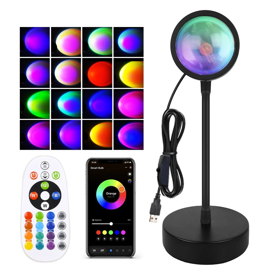 Smart RGB Sunset Projection Lamp with App Control Remote and USB Powered Mood Lighting
