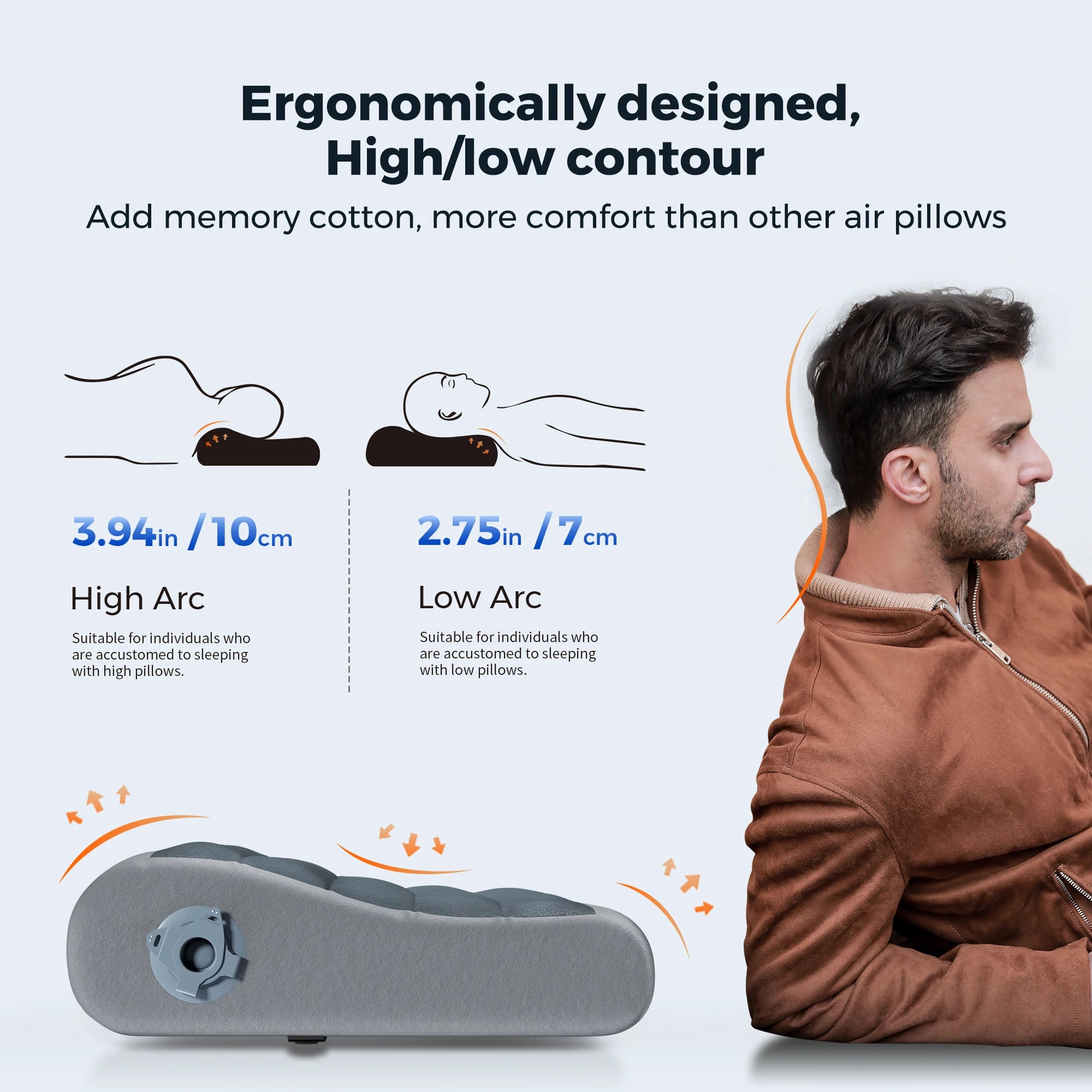 Inflatable Travel Pillow Gray Ergonomic Dual Support Lightweight Portable Pillow for Camping Travel and Home
