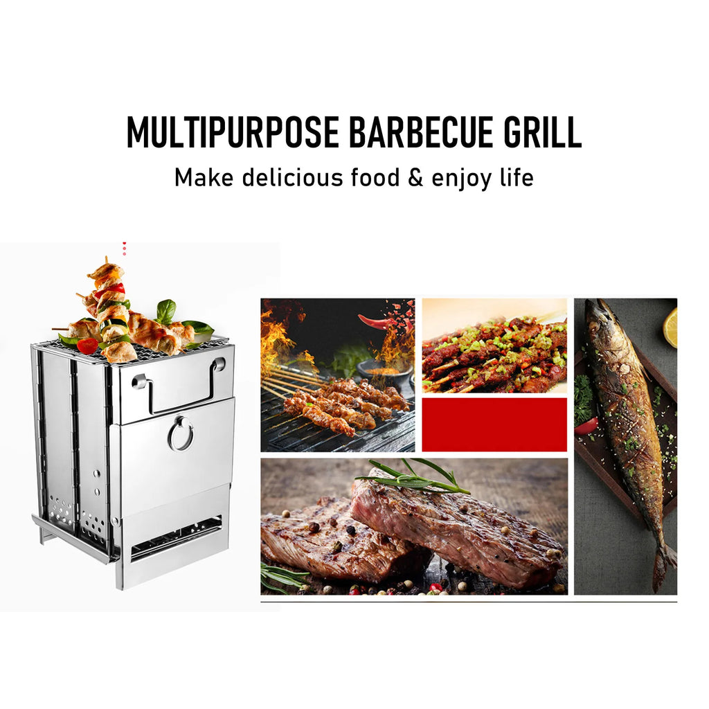 Foldable Camping Wood Stove Stainless Steel Portable Mini Grill for Outdoor Cooking