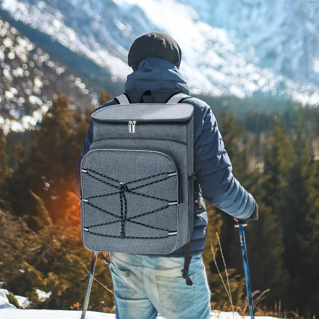Large Capacity Gray Insulated Backpack Lunch Bag with Multiple Compartments for Camping Picnics and Travel