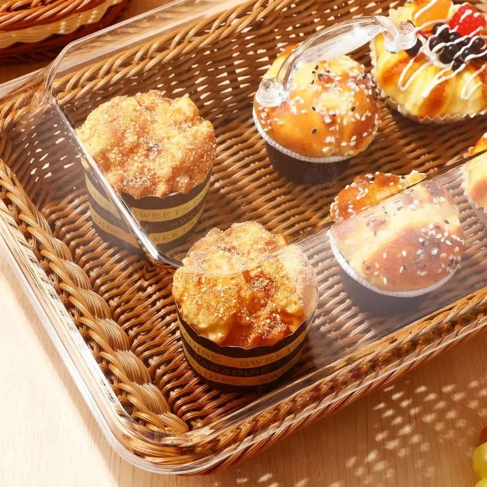 Rectangular Rattan Style Bread Basket with Clear Acrylic Lid for Food Storage and Serving