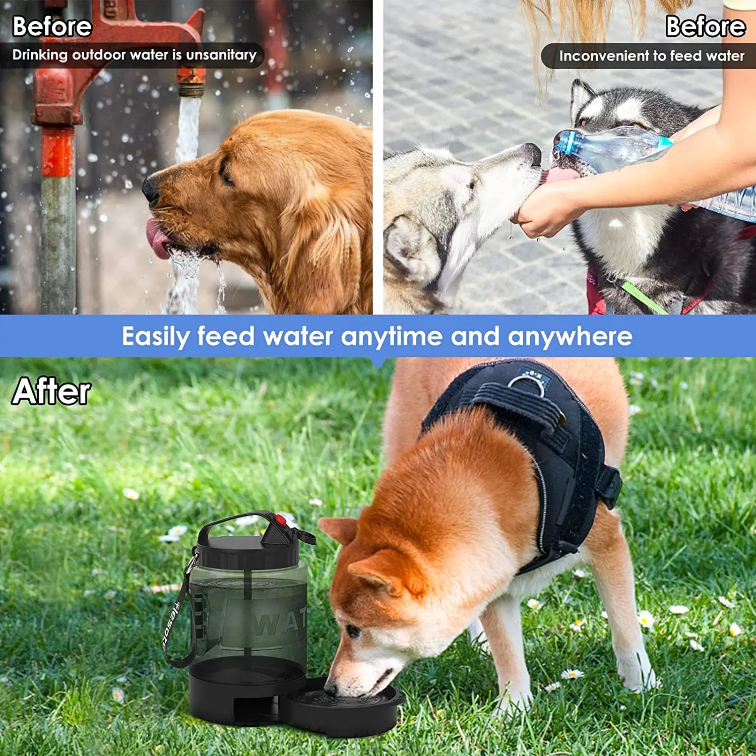 2200ml Portable Dog Water Bottle with Foldable Drinking Bowl Large Capacity Travel Water Dispenser