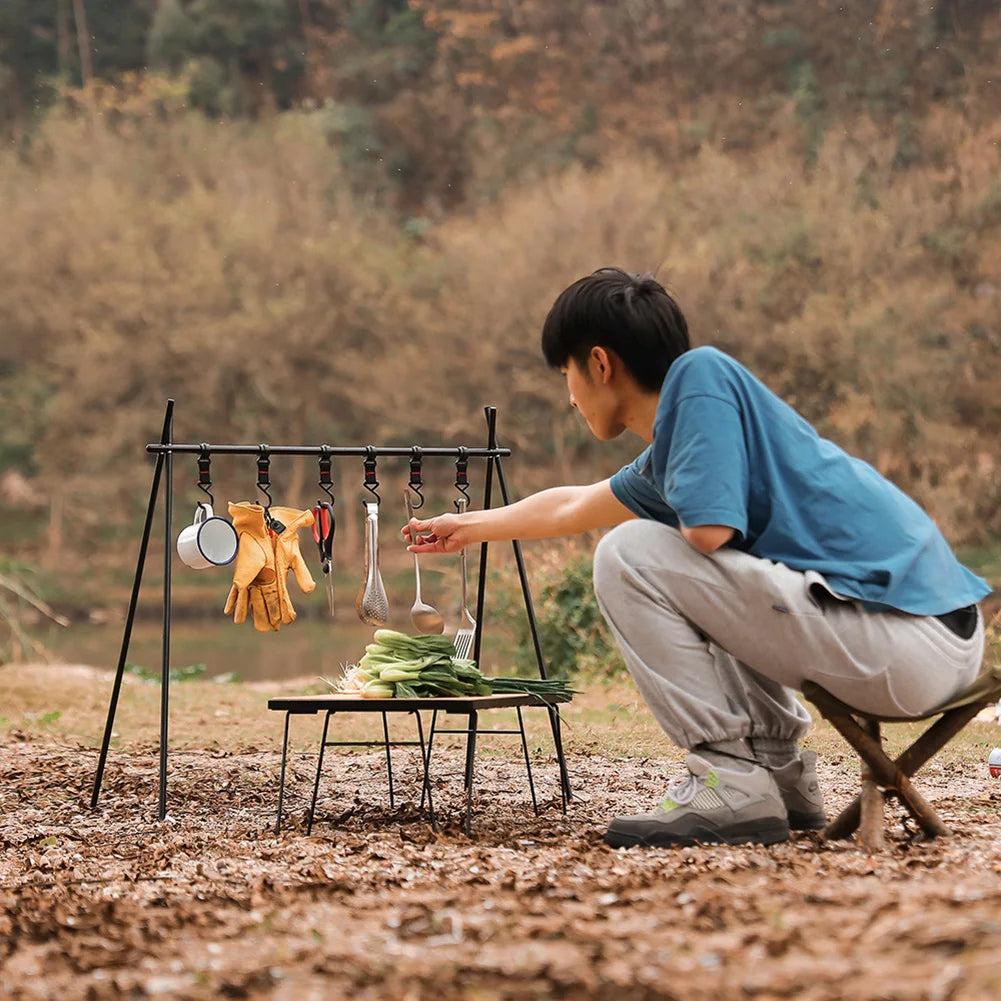 Portable Small Camping Hanging Rack Foldable Aluminum Alloy Cookware Storage Rack with Hooks for BBQ Hiking and Picnic