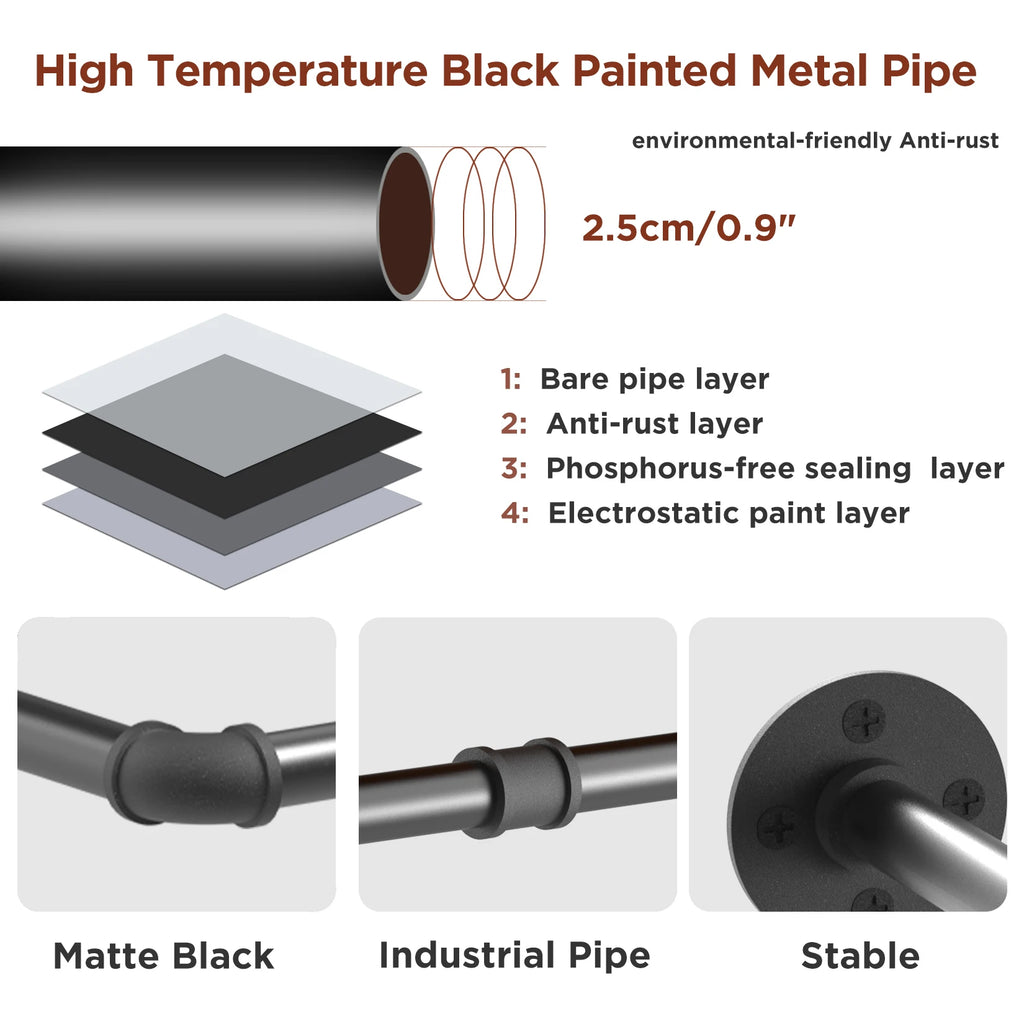 2 Pack Industrial Pipe Clothes Rack Wall Mounted Garment Rail with Hooks Black Metal
