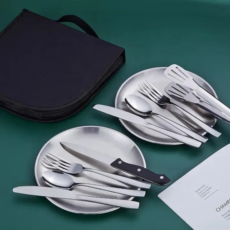 Portable 2 Person Picnic Dinnerware Set Stainless Steel Plates Cutlery Kit with Storage Case for Camping