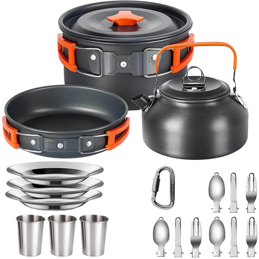 330ml Orange Camping Cookware Set with Pot Pan Cups and Folding Tableware for Outdoor Cooking and Hiking