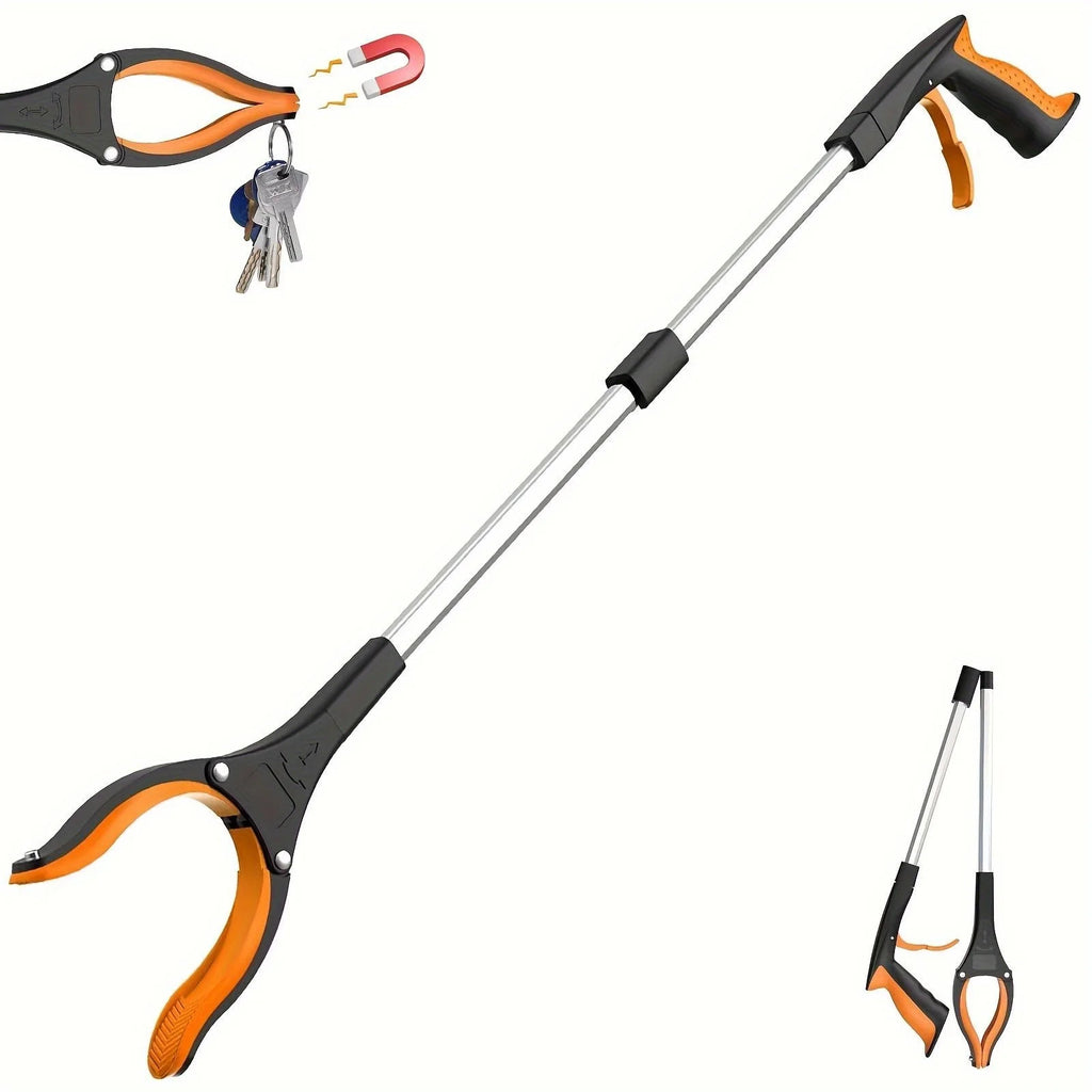 32 Inch Orange Heavy Duty Garbage Grabber with 360° Rotating Clamp Foldable Reaching Tool
