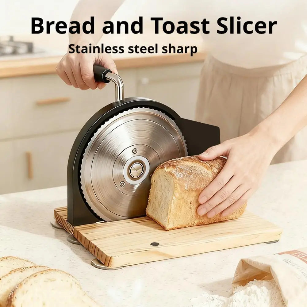 Black Manual Bread Slicer with Adjustable Thickness Stainless Steel Blade and Hand Crank