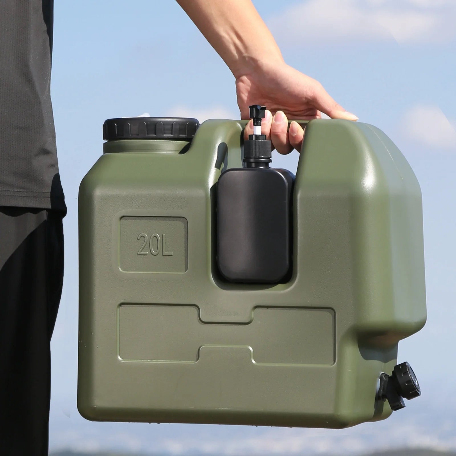 20L Portable Army Green Water Storage Tank with Spigot Soap Dispenser and Carry Handle