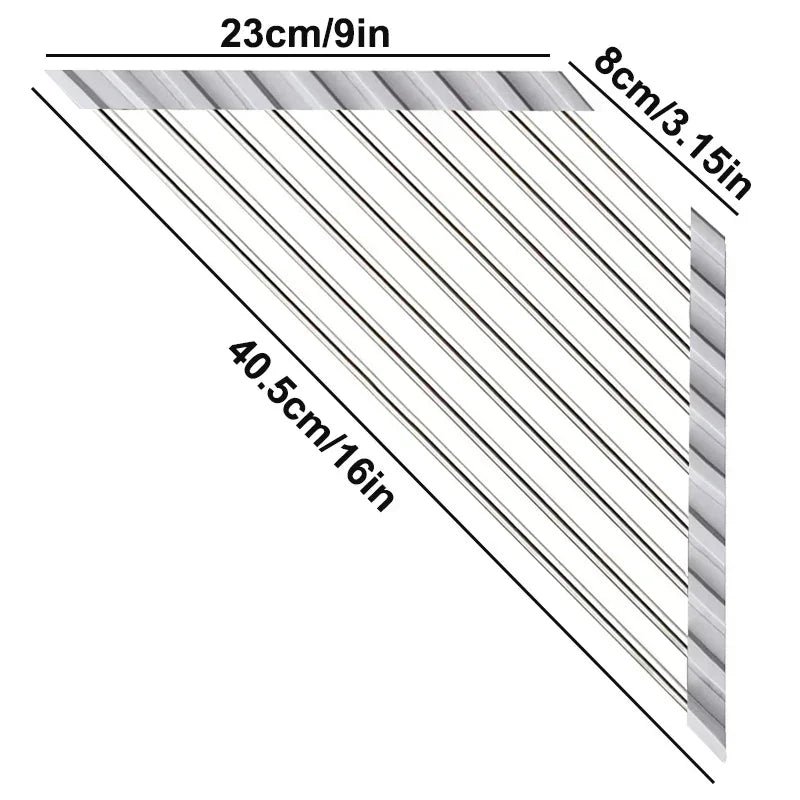 Gray Roll Up Triangle Dish Drying Rack Stainless Steel Corner Sink Organizer