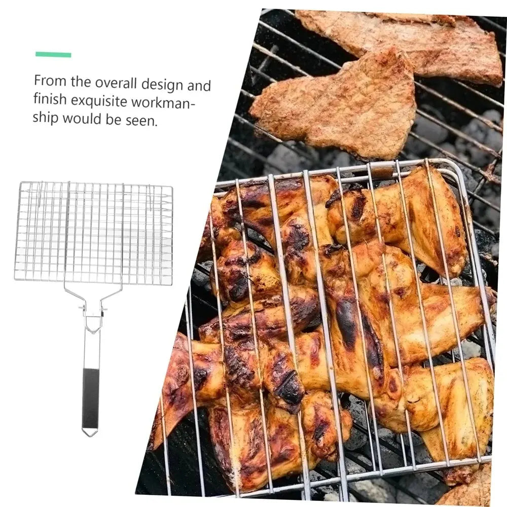 Stainless Steel BBQ Grill Basket with Foldable Handle for Meat Fish Vegetables