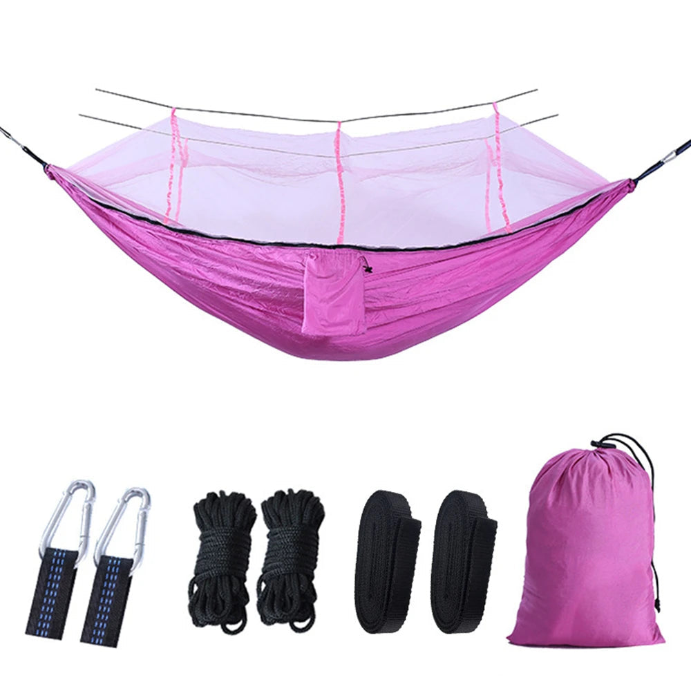 Portable Double Camping Hammock with Mosquito Net Powdered Pink Outdoor Travel Hammock
