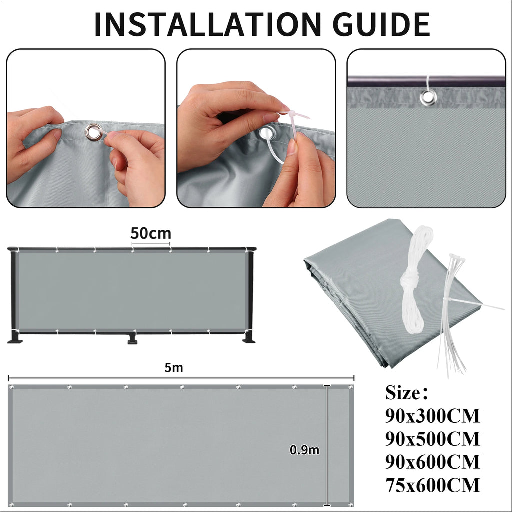 Waterproof Balcony Privacy Screen Gray 90 × 300 cm Fence Cover with 95% UV Protection for Patio Garden and Deck