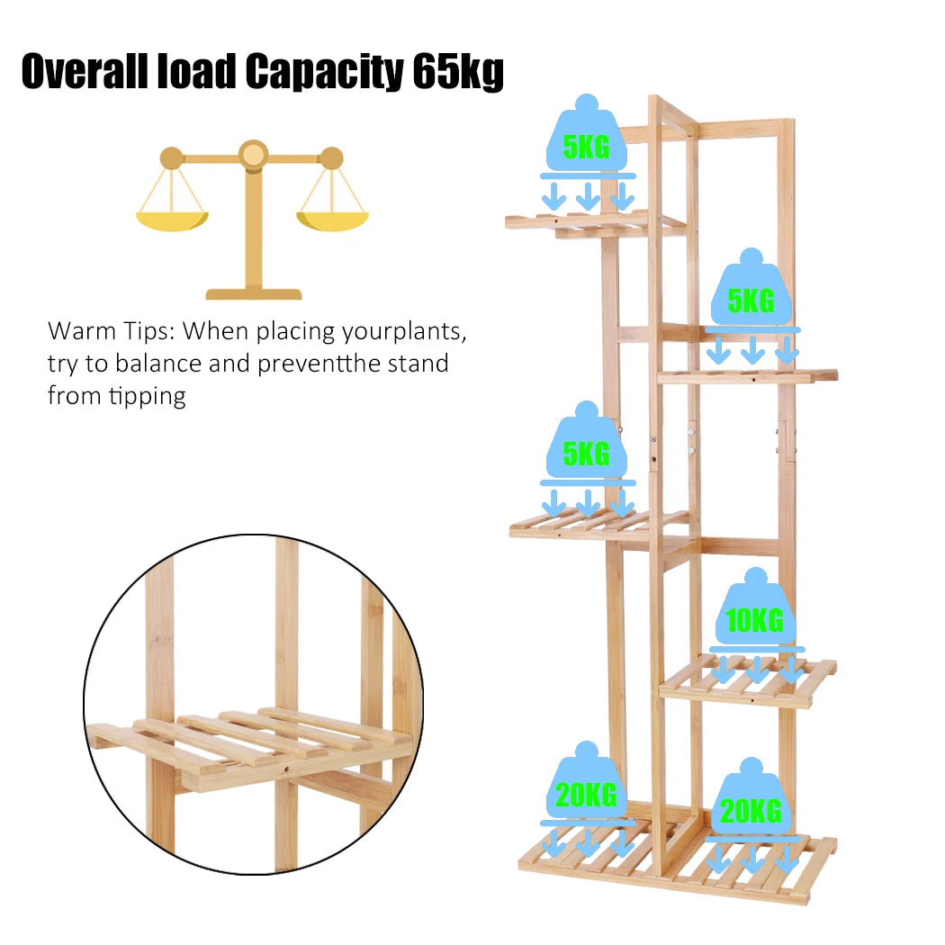 5 Tier Bamboo Plant Stand Vertical Shelf 6 Pots Indoor Outdoor Display Rack