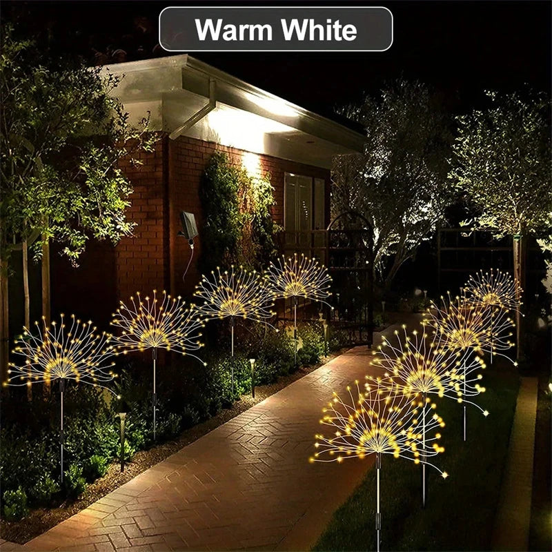 2 Piece Solar Firework Lights 200 LED Warm White Waterproof Garden Stake Light for Outdoor Decoration