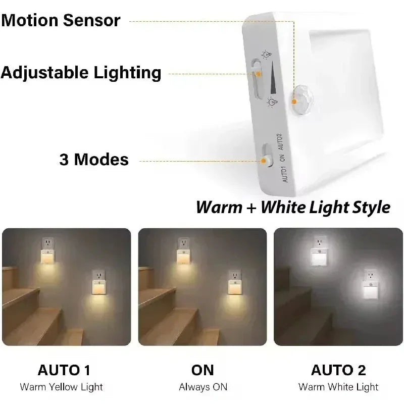 AU Plug LED Motion Sensor Night Light Adjustable Brightness Warm and White Light