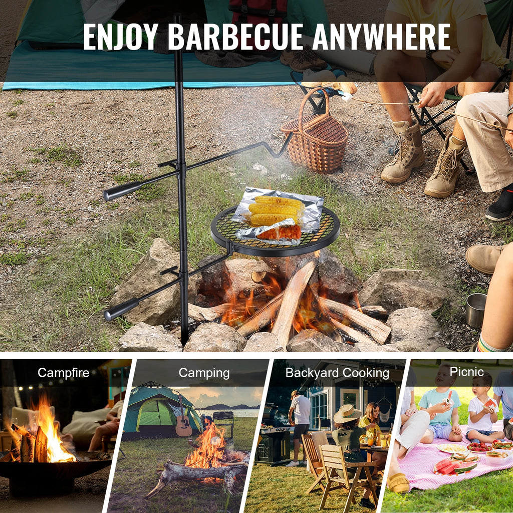 Portable Swivel Campfire Grill Rack Heavy Duty Steel Cooking Grate for Camping Picnic Beach