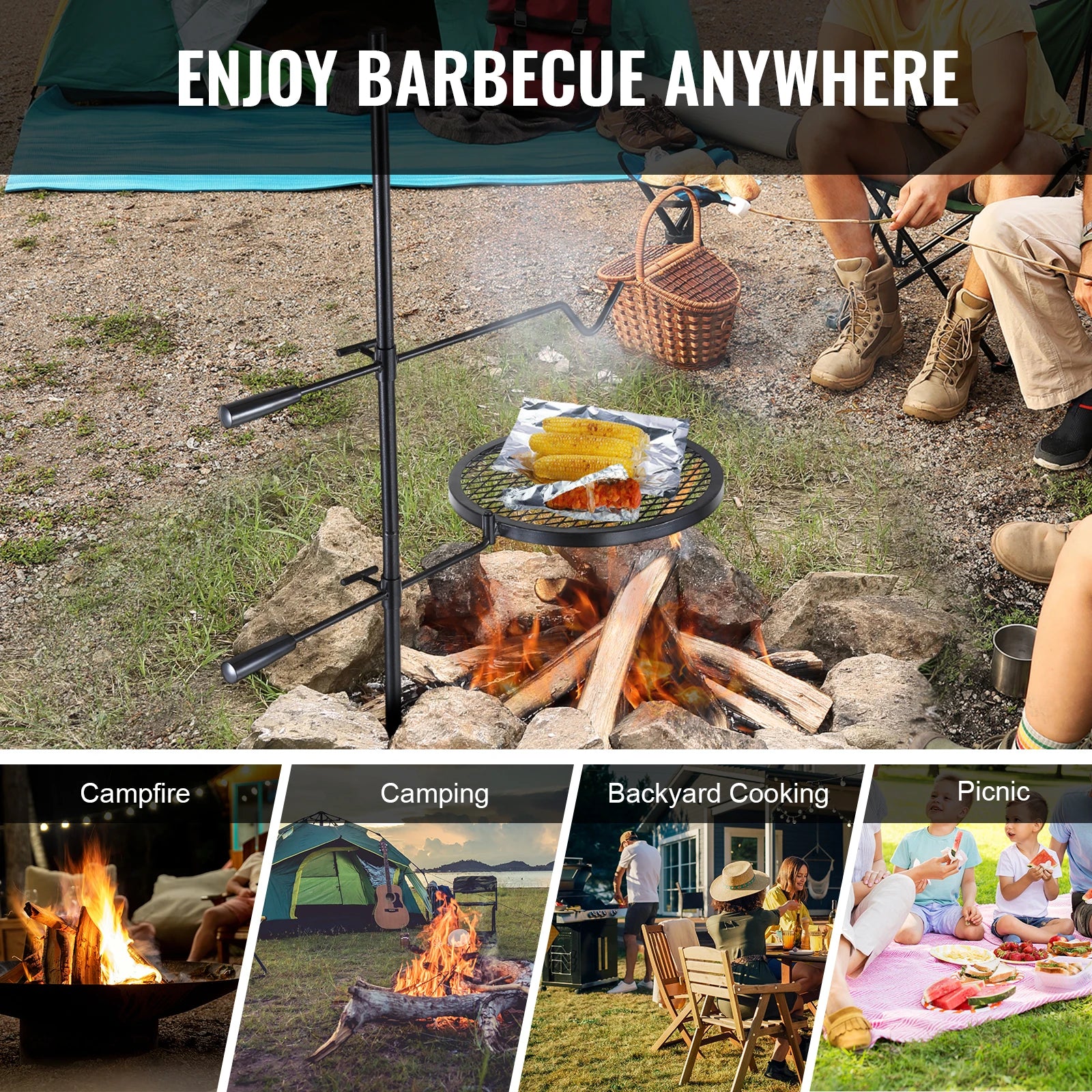 Portable Swivel Campfire Grill Rack Heavy Duty Steel Cooking Grate for Camping Picnic Beach