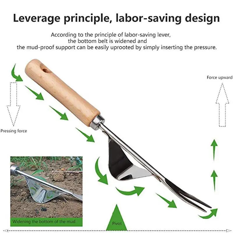 Stainless Steel Manual Garden Weeder Hand Weed Puller Tool with Wooden Handle