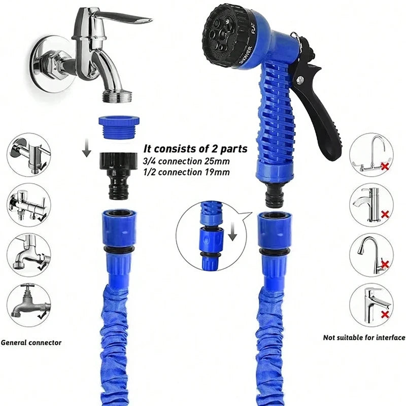 25FT Expandable Magic Garden Hose Blue High Pressure Water Hose with 7 Spray Functions and Spray Gun