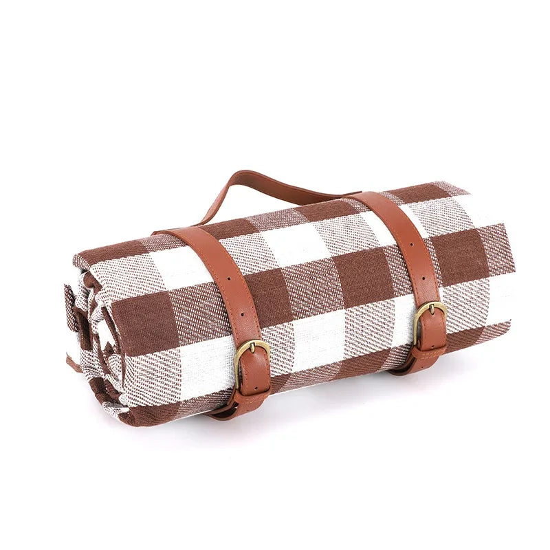 200x200cm Foldable Mocha Picnic Blanket Waterproof Outdoor Mat with Leather Handle for Beach Camping Travel
