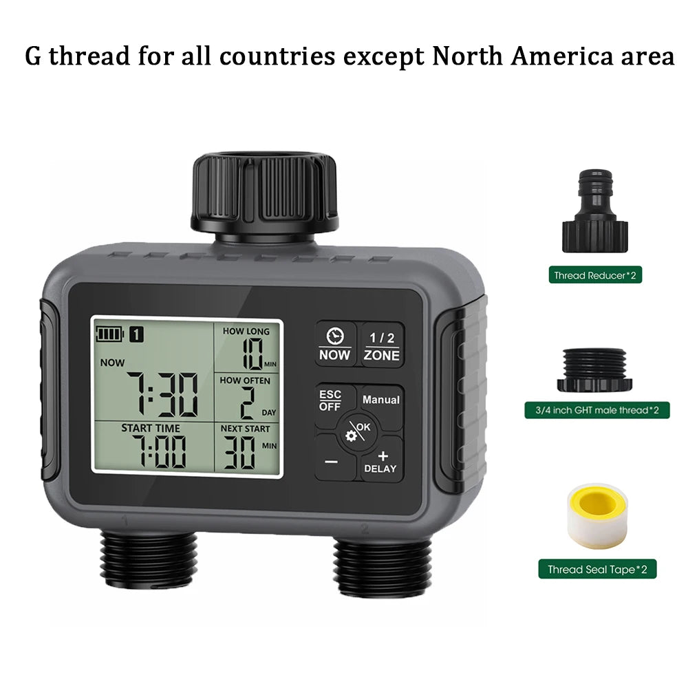 2-Zone Programmable Garden Hose Timer IPX5 Watering Controller for Lawn Yard