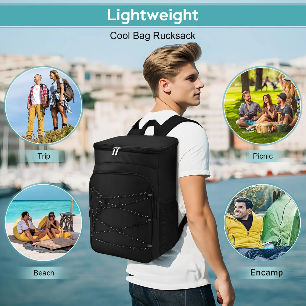 Large Capacity Black Insulated Backpack Lunch Bag with Multiple Compartments for Camping Picnics and Travel