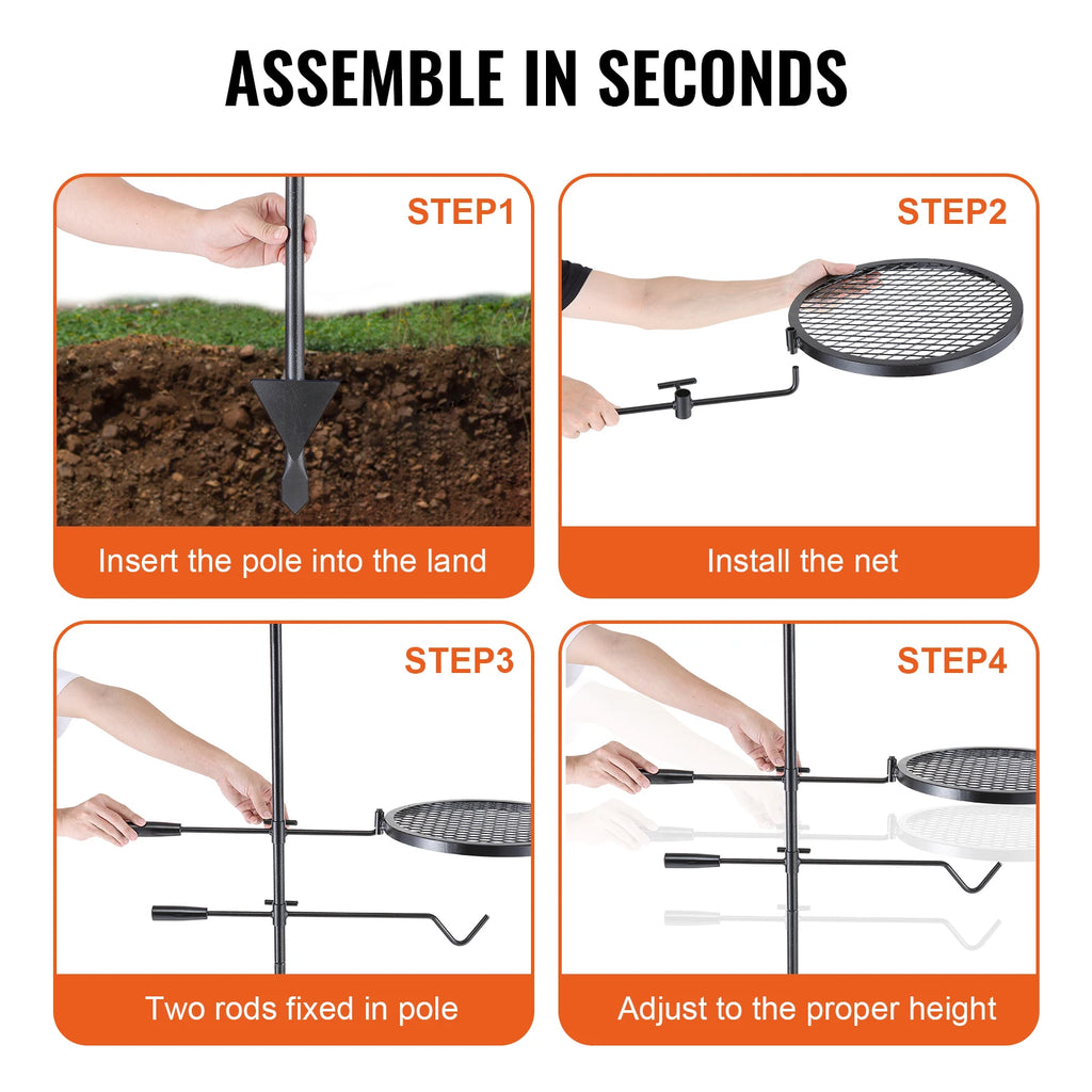 Portable Swivel Campfire Grill Rack Heavy Duty Steel Cooking Grate for Camping Picnic Beach