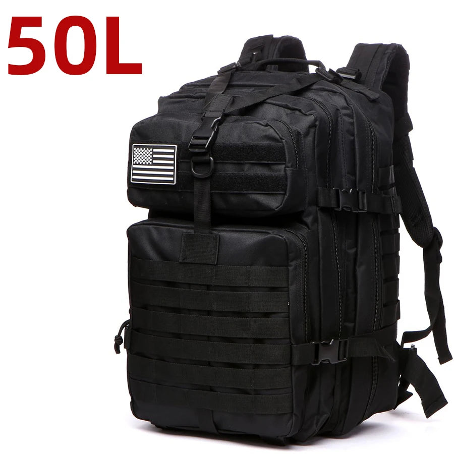 50L Black Waterproof Tactical Backpack with Molle Webbing for Hiking Camping Trekking and Travel