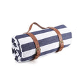 150x200cm Foldable White Blue Stripes Picnic Blanket Waterproof Outdoor Mat with Leather Handle for Beach Camping Travel