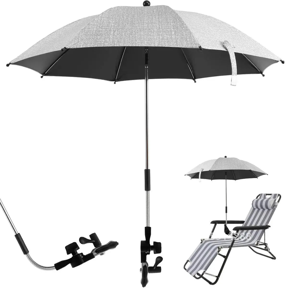 82cm Gray Clip On Beach Umbrella 360 Degree Adjustable UV Sun Shade for Camping Chairs