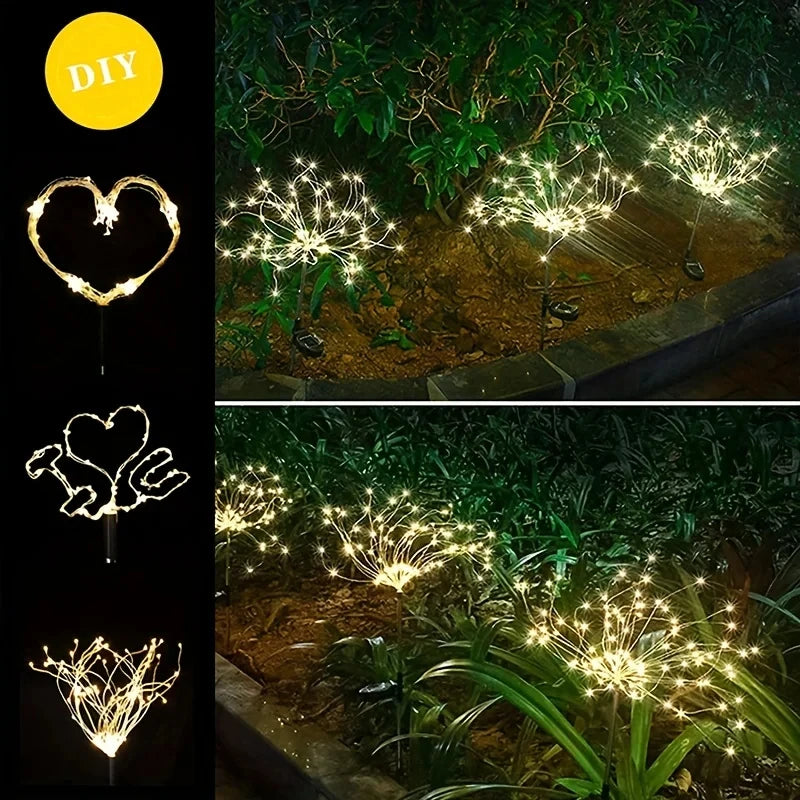 4 Piece Solar Firework Lights 200 LED Warm White Waterproof Garden Stake Light for Outdoor Decoration