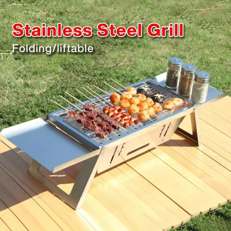 Portable Charcoal BBQ Grill Folding Stainless Steel Barbecue with Side Shelves Carry Pouch and Heat Resistant Mitten