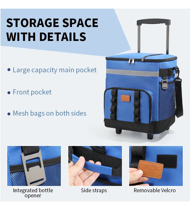 35L Portable Blue Rolling Cooler Bag with Wheels Telescopic Handle for Camping Picnic Beach and Travel