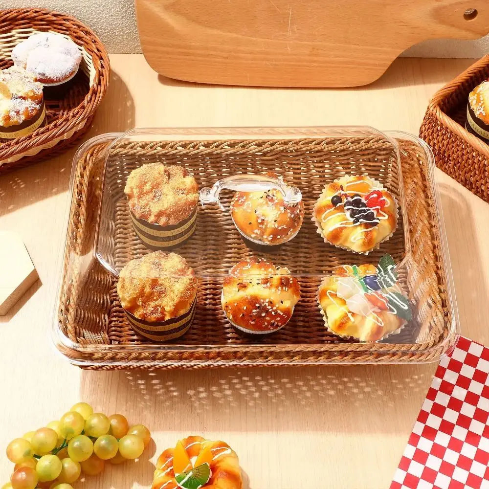 Rectangular Rattan Style Bread Basket with Clear Acrylic Lid for Food Storage and Serving