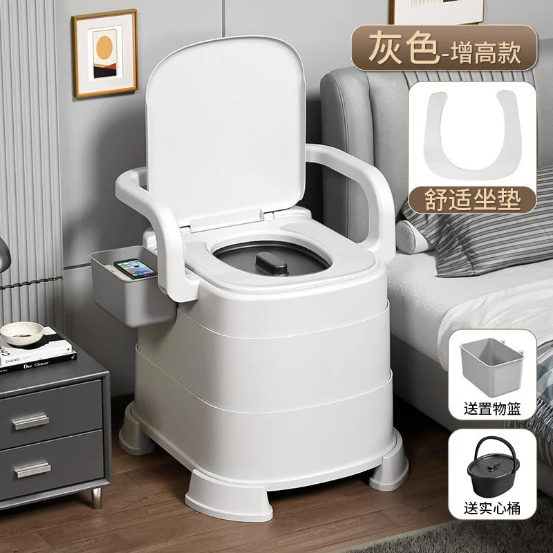 Portable Commode Chair High Gray Soft Seat Removable Bucket and Armrests for Home Care
