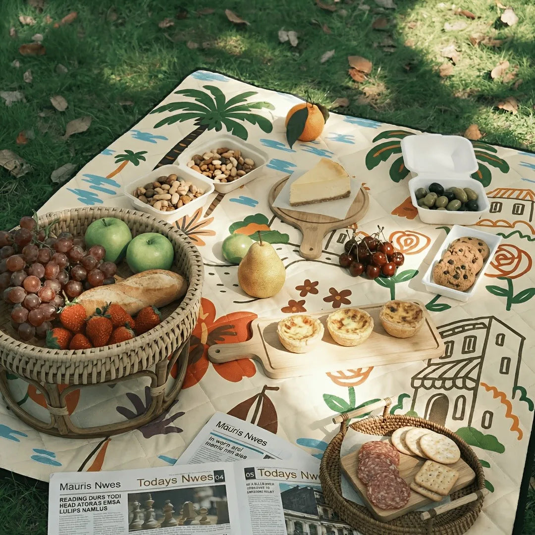 200x300cm Foldable Picnic Blanket Mediterranean Coast Soft Padded Outdoor Mat with Carry Strap for Beach Park Camping Travel