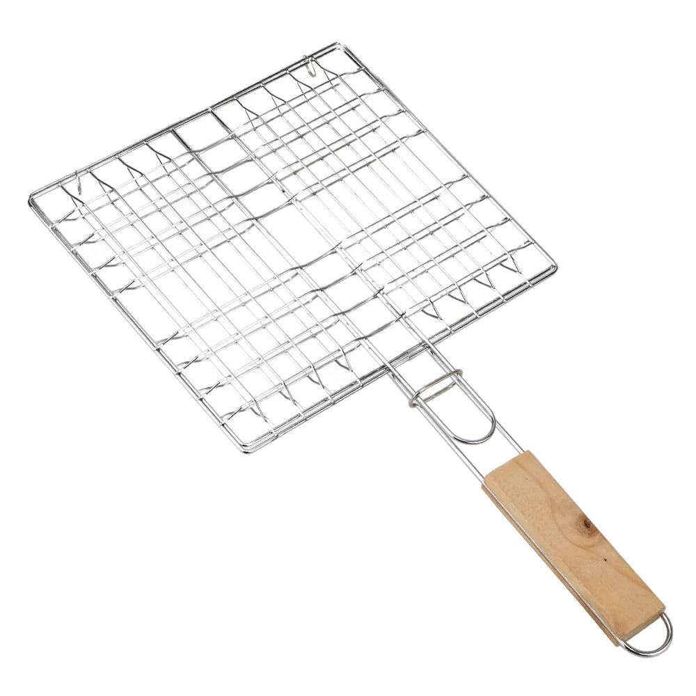 Foldable Stainless Steel BBQ Grilling Basket with Wooden Handle for Fish Meat and Vegetables