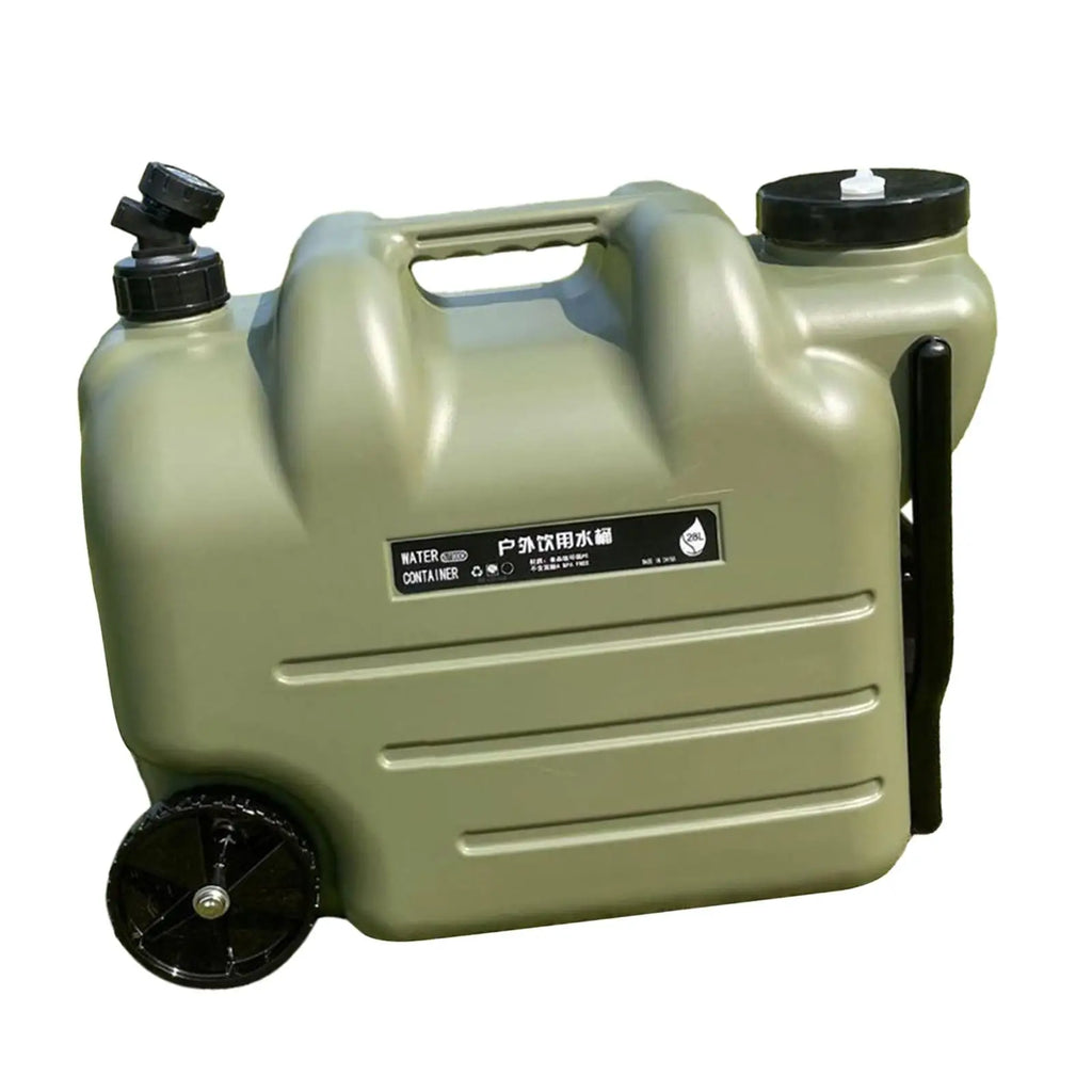 Portable 28L Green Water Storage Container with Wheels Tap and Screw Lid for Camping Travel