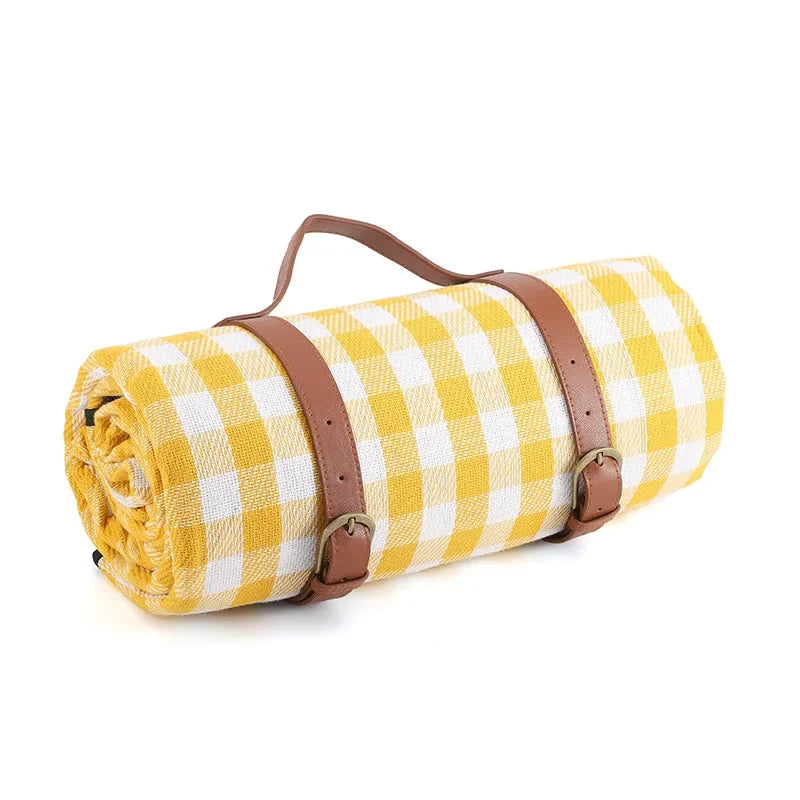 200x200cm Foldable Yellow White Picnic Blanket Waterproof Outdoor Mat with Leather Handle for Beach Camping Travel