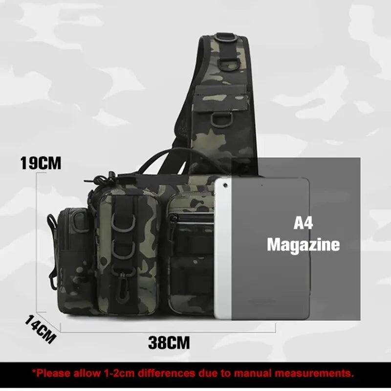 Fishing Tackle Backpack Dark Camouflage Sling Shoulder Bag with Rod Holder Multi Pocket Gear Storage Bag for Fishing and Outdoor Travel