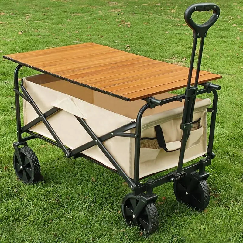Portable Folding Camping Trolley Table Top Wood Color Wagon Cover Board for Picnic Beach Garden and Camping