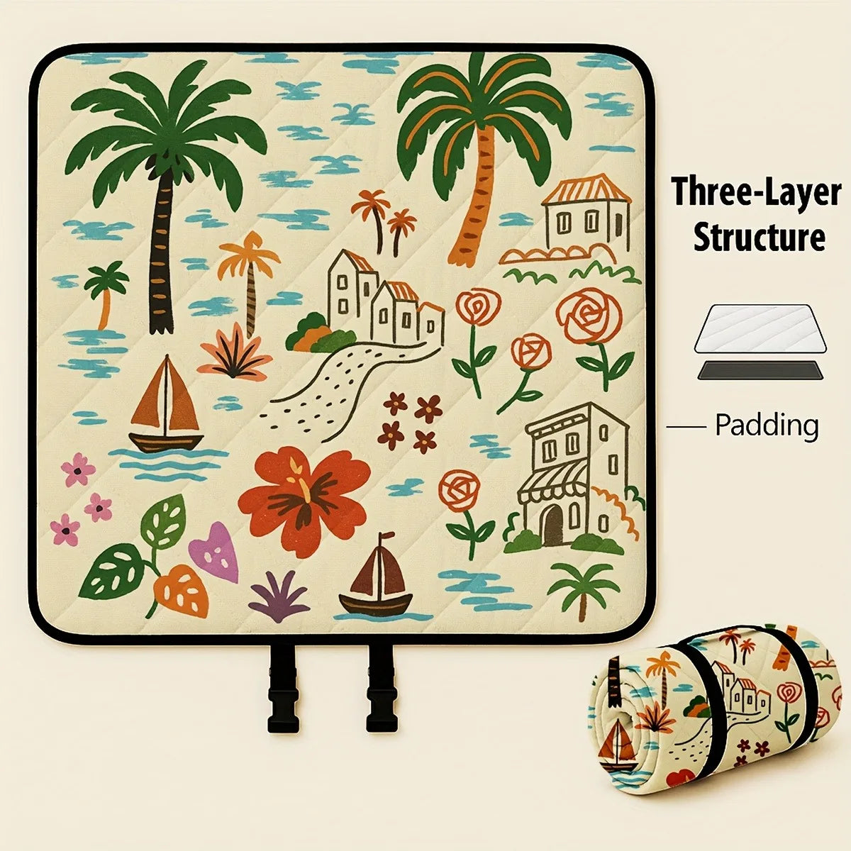 100x150cm Foldable Picnic Blanket Mediterranean Coast Soft Padded Outdoor Mat with Carry Strap for Beach Park Camping Travel