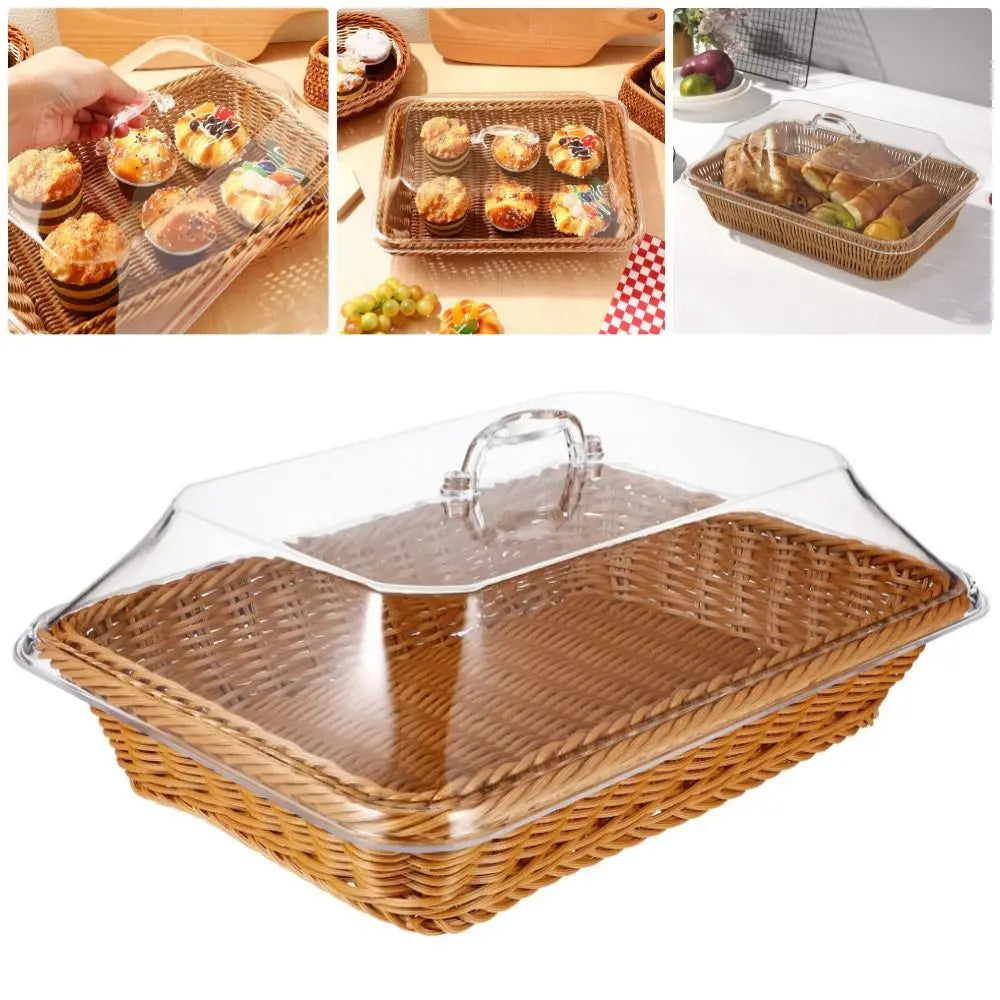 Rectangular Rattan Style Bread Basket with Clear Acrylic Lid for Food Storage and Serving