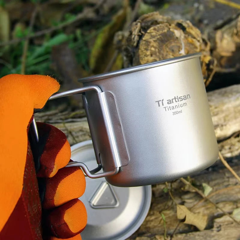 350ml Titanium Camping Mug Lightweight Portable Coffee Cup with Folding Handle and Lid for Outdoor Hiking