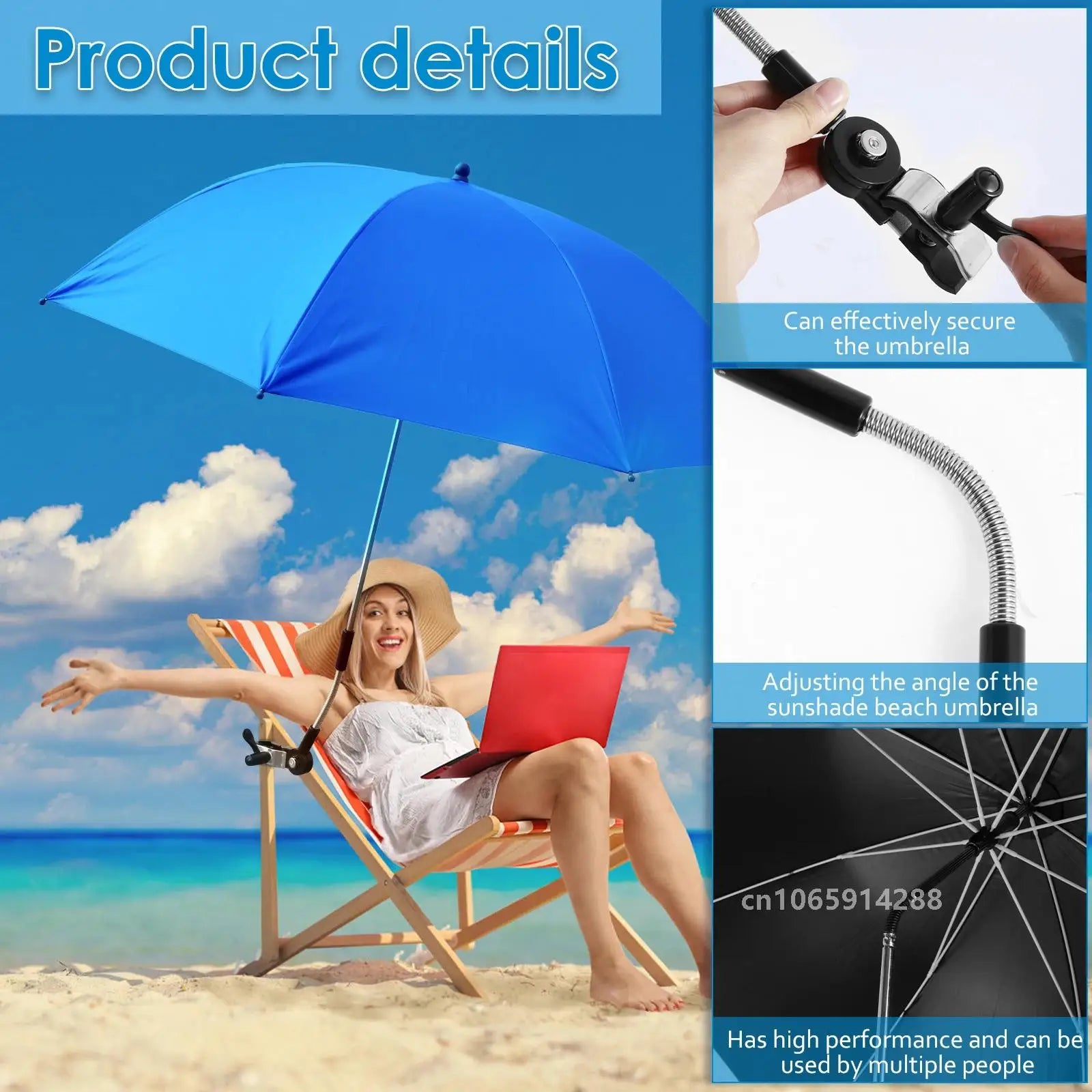 106cm Blue Clip On Beach Umbrella 360 Degree Adjustable UV Sun Shade for Camping Chairs